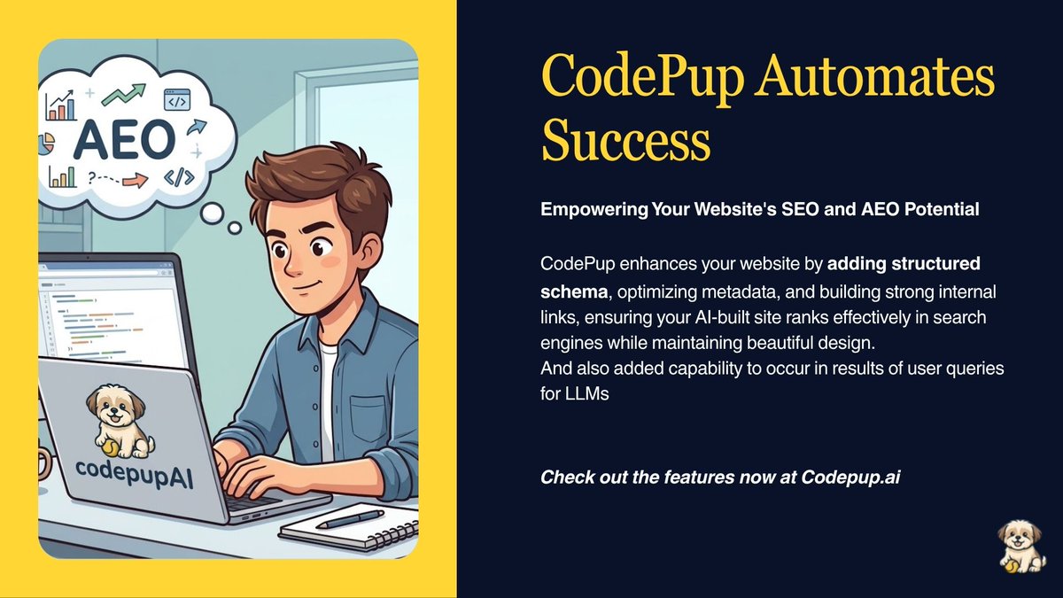 Codepupai's tweet image. We tested 50+ AI-built websites.

They looked great.
But didn’t rank.
No schema.
Weak metadata.
Poor linking.

And now with AI search → they don’t get cited either.
SEO is old. AEO is now.
CodePup fixes both. 🚀

#SEO #AEO #SaaS #AIMarketing #Startups