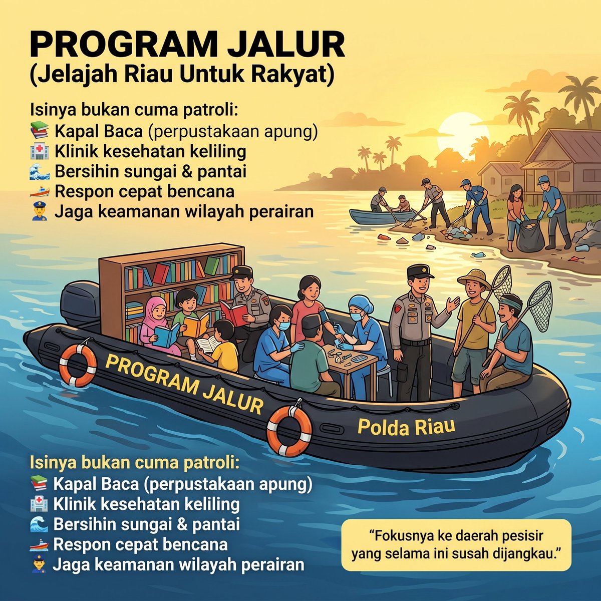CumaTetanggaAja's tweet photo. Program JALUR Polda Riau berfokus ke wilayah yang sering βtertinggal aksesβ, seperti sungai pedalaman, pesisir, dan kampung nelayan. Yang biasanya jauh dari layanan kesehatan, pendidikan, dan keamanan. #PoldaRiau #KapoldaRiau #ProgramJALUR https://t.co/l6ClIhH8D5