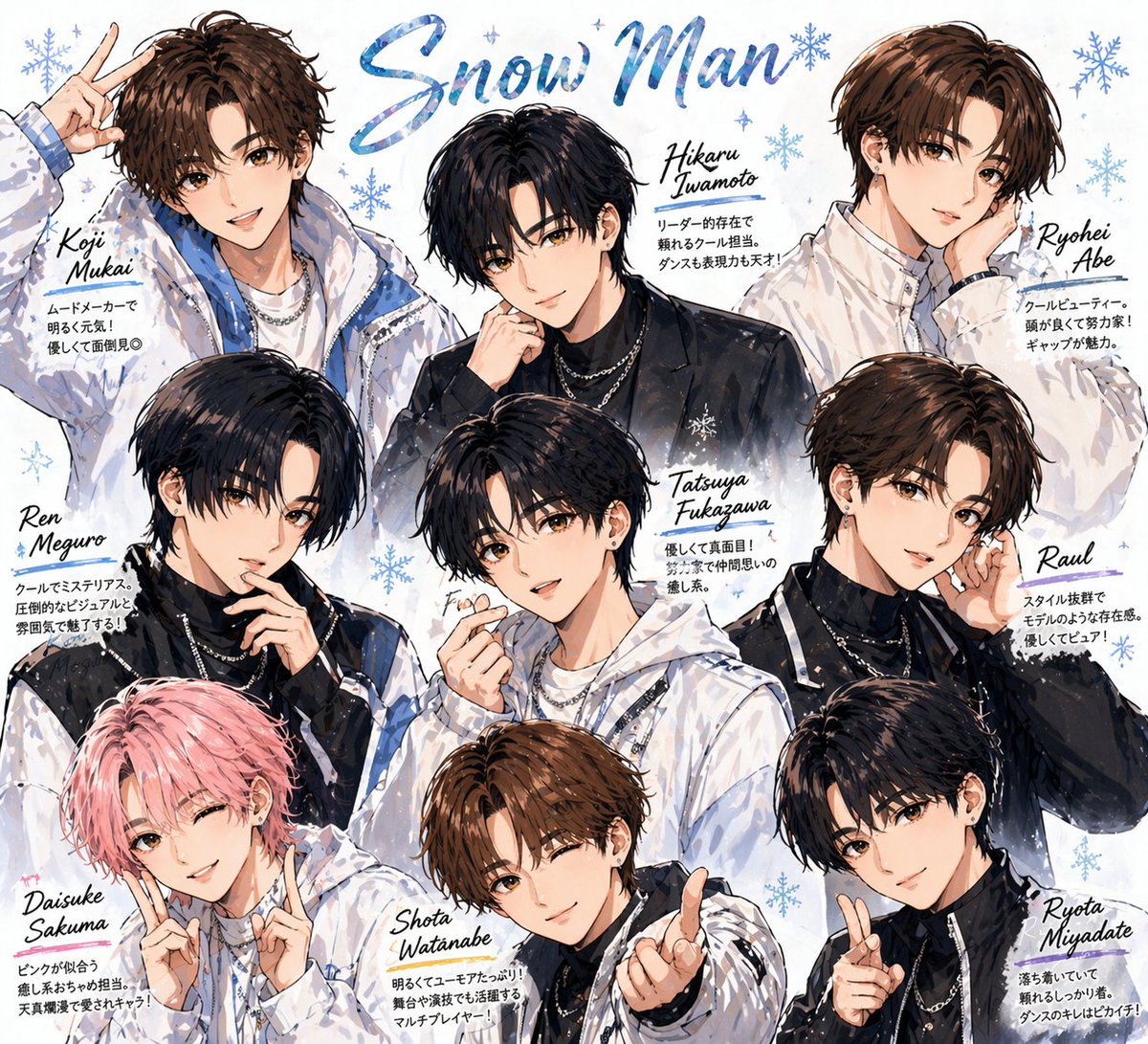 gann512's tweet photo. あたしのチャッピーが描いたSnow Man
ちなみに参考画像は送信せずSnow Man描いてだけで生成されたやつ
#SnowMan
#SnowMan描いてみた 
#チャッピー 
#ChatGPT https://t.co/cPbcQk5zBY
