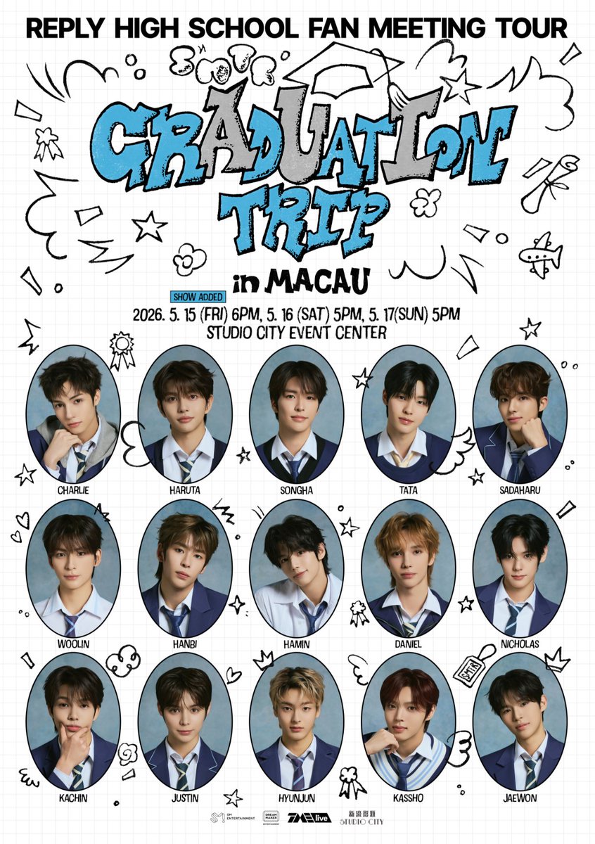 tme_live's tweet photo. 你們的熱情呼聲我們聽到啦！💌 為了回應大家的支持，SMTR25 'Reply High School' 粉絲見面會——畢業之旅：澳門站，加場決定！ 
We heard your passionate calls! 💌 In response to your incredible support, an additional show for the SMTR25 'Reply High School' Fan Meeting Tour – Graduation Trip in MACAU has been confirmed!

這是最後一次登上畢業旅行列車的機會，千萬不要錯過！ This is your final chance to get on board for this graduation trip. Don't miss out!

ADDITIONAL SHOW ANNOUNCEMENT 加場售票公告
📅 加場日期時間/ADDITIONAL SHOW DATE&TIME： 2026.05.15 (FRI) 6PM
📍 演出地點/VENUE： STUDIO CITY EVENT CENTER
⏰ 公開銷售/General on sale: April 24, 2026 (FRI) 12:58PM (Local Time) onwards～
🎫 售票平台/General on Sale Ticketing platform : UUTIX, Maoyan, Studio City official website
🎫TICKET PRICE (ALL SEATED):
-VIP SEATED | Hi-bye Event MOP/HKD 999
    *VIP TICKET *1 / 一張VIP門票
    *HI-BYE EVENT / Hi-Bye體驗
-A  MOP/HKD 899
-B  MOP/HKD 799

#SMTR25  #FanMeetingTour   #GraduationTrip
#SMTR25_FM_TOUR_GraduationTrip
#GraduationTripMacau
#TMElive
