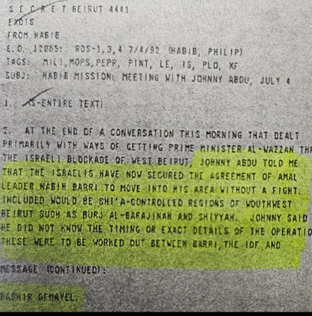 On July 4, 1982, Philip Habib, Ronald Reagan’s personal envoy to Lebanon, sent the following report to Washington, DC: “Johnny Abdu told me that the Israelis have now secured the agreement of Amal leader Nabih Berri to move into his area without a fight. Included would be