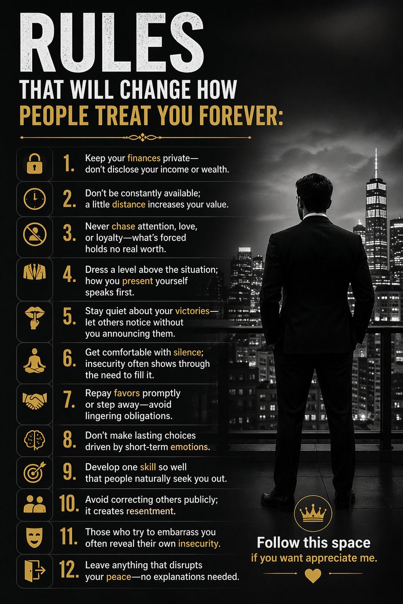 DisciplineEarns's tweet image. Most people stay average because they ignore these rules.

Read this slowly.

Which one hit you the hardest? 

 #Discipline #SelfImprovement #Mindset #Growth