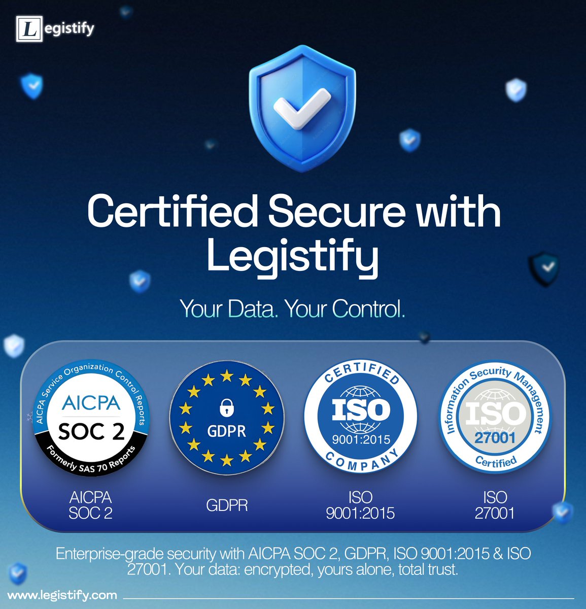 Security isn’t a feature,  it’s the foundation.

At Legistify, your most sensitive legal data stays protected, always.

No third-party access. No unnecessary exposure.
Your data stays yours.

Trust isn’t promised. 
It’s proven.

Learn more: lnkd.in/gurRS8HR
