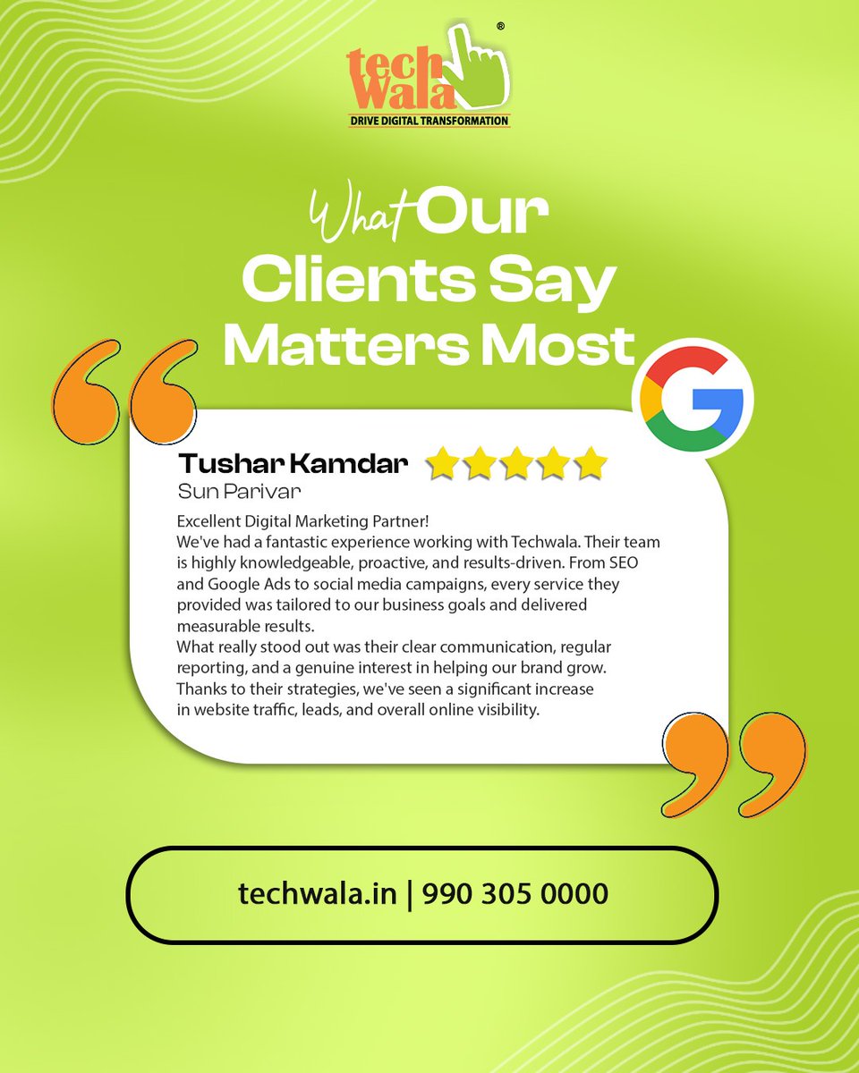 TechwalaDigital's tweet image. Trusted by our valued clients, driven by results, we continue to deliver excellence every step of the way.
Thank you for believing in us.

#Techwala #ClientTestimonials #HappyClients #CustomerFeedback #ValuedClients
