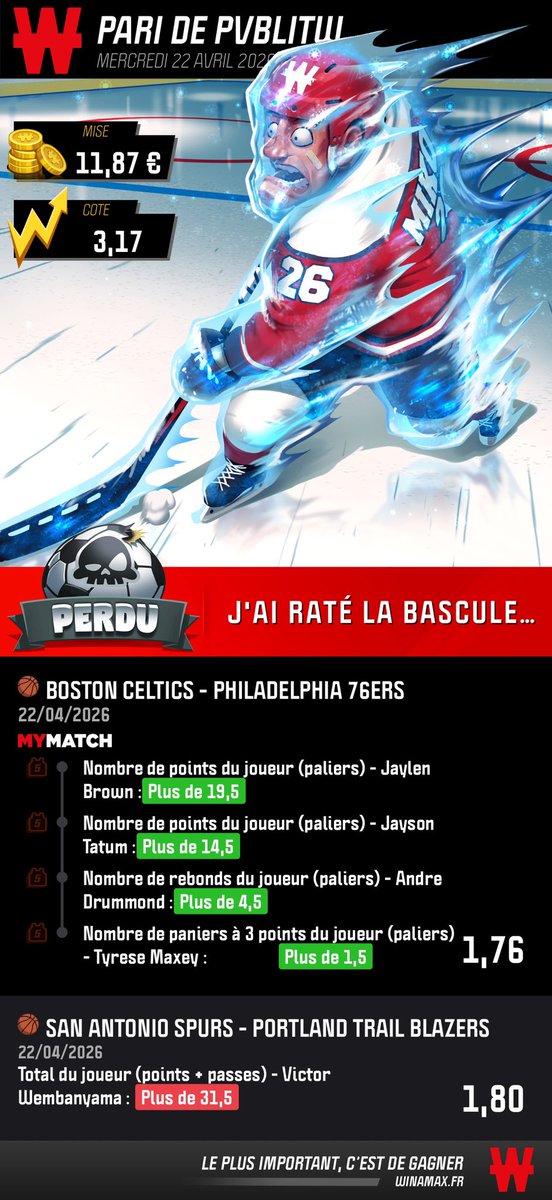 pvblitw's tweet photo. @WinamaxSport on peut m’expliquer pourquoi ma cote ne passe pas à 1.00 pour Wemby, mais celle de mon pote @Victr_Armg oui ? https://t.co/gEcWOsBHpJ