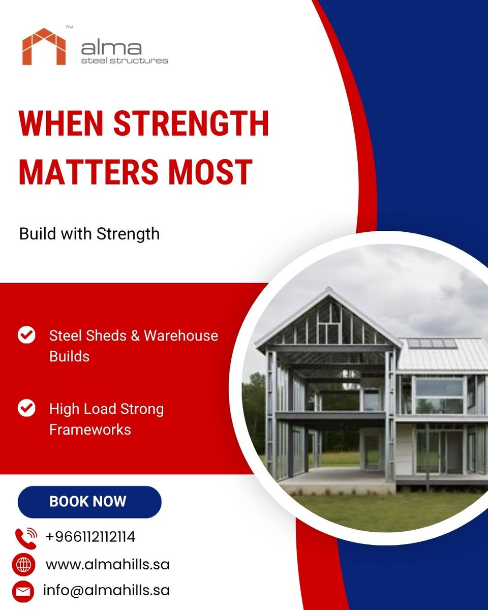 Alma__Steel's tweet image. When Strength Matters Most
Build with confidence using Alma Steel Structures! We specialize in Steel Sheds &amp;amp; Warehouse Builds with high-load,strong frameworks designed to last.
🌐 almahills.sa
#SteelStructures #StrongBuilds #WarehouseConstruction #SteelSheds #HighLoad