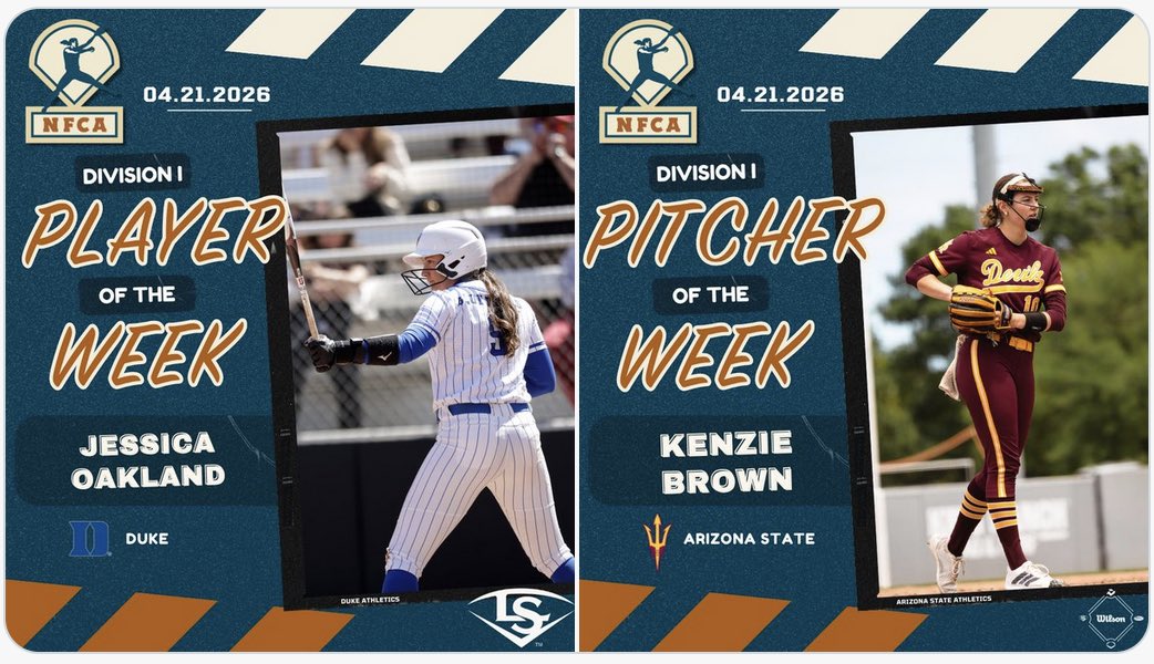 LineDsoftball's tweet photo. College News📰 | Week 11’s NFCA D1, D2 & D3 Top 25 Team Rankings & Players of the Week🥎😎 Link below to read more!⬇️
🔗: https://t.co/hpL9tha7OY
#LineDriveMedia #NFCA #top25rankings #playeroftheweek #pitcheroftheweek @ASUSoftball @SalisburySB
📸 & 📝: NFCA https://t.co/vfW9lUa242