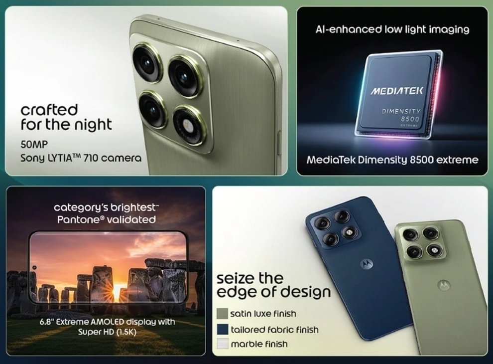 SumanTechX's tweet image. Motorola Edge 70 Pro launch today 12 PM 🔥

• 6.8" 1.5K AMOLED (Pantone validated)
• 50MP Sony LYTIA 710 cam 📸
• Dimensity 8500 Extreme ⚡
• AI low-light imaging 🌙
• Premium finishes 🎨

Built for stunning night shots. #Motorola #Edge70Pro #sumantechx @motorolaindia
