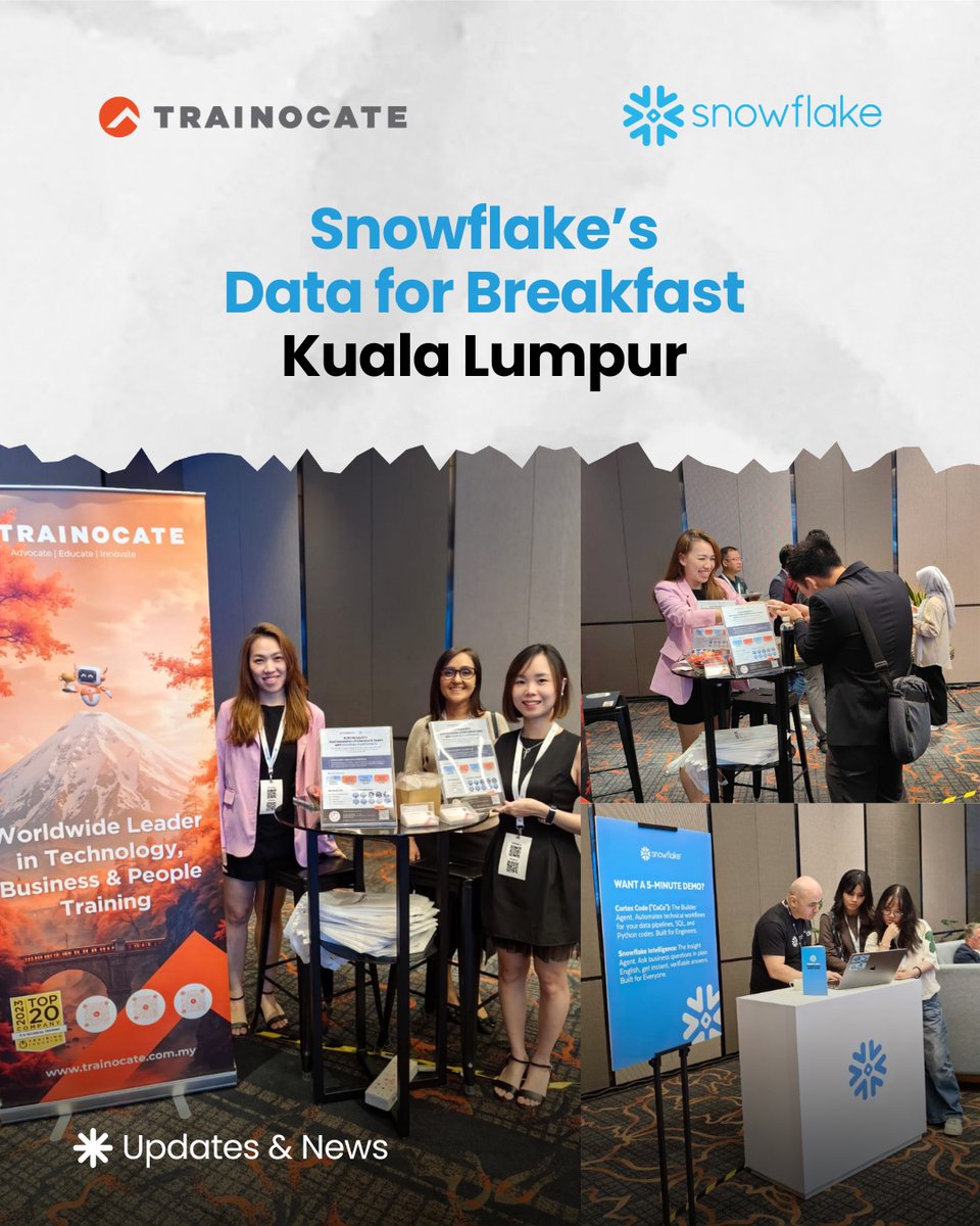 TrainocateM's tweet photo. Big day engaging with Malaysia’s data and technology community 🇲🇾 🌐

Today, the Trainocate team is on-site at Snowflake’s Data for Breakfast Kuala Lumpur, held at EQ Kuala Lumpur, connecting with over 250+ data leaders, architects, and decision-makers.

As an official training partner of Snowflake, this marks an important step in bringing our collaboration to life, supporting organizations in unlocking greater value from their data through structured learning and certification pathways.

The conversations today highlight a clear priority across industries:

📊 Organizations are accelerating investments in data, analytics, cloud, and AI

👥 But talent readiness remains key to realizing real business outcomes.

Through our partnership with Snowflake, Trainocate is committed to helping bridge that gap by equipping professionals and teams with in-demand, practical data skills.

We look forward to continuing these conversations and supporting more organizations in their data transformation journey.

#TrainocateMalaysia #TrainocateGroup #Snowflake #DataForBreakfast #SnowflakePartner #DataSkills #AIReady #DigitalTransformation #FutureOfWork #Upskilling #LifelongLearning