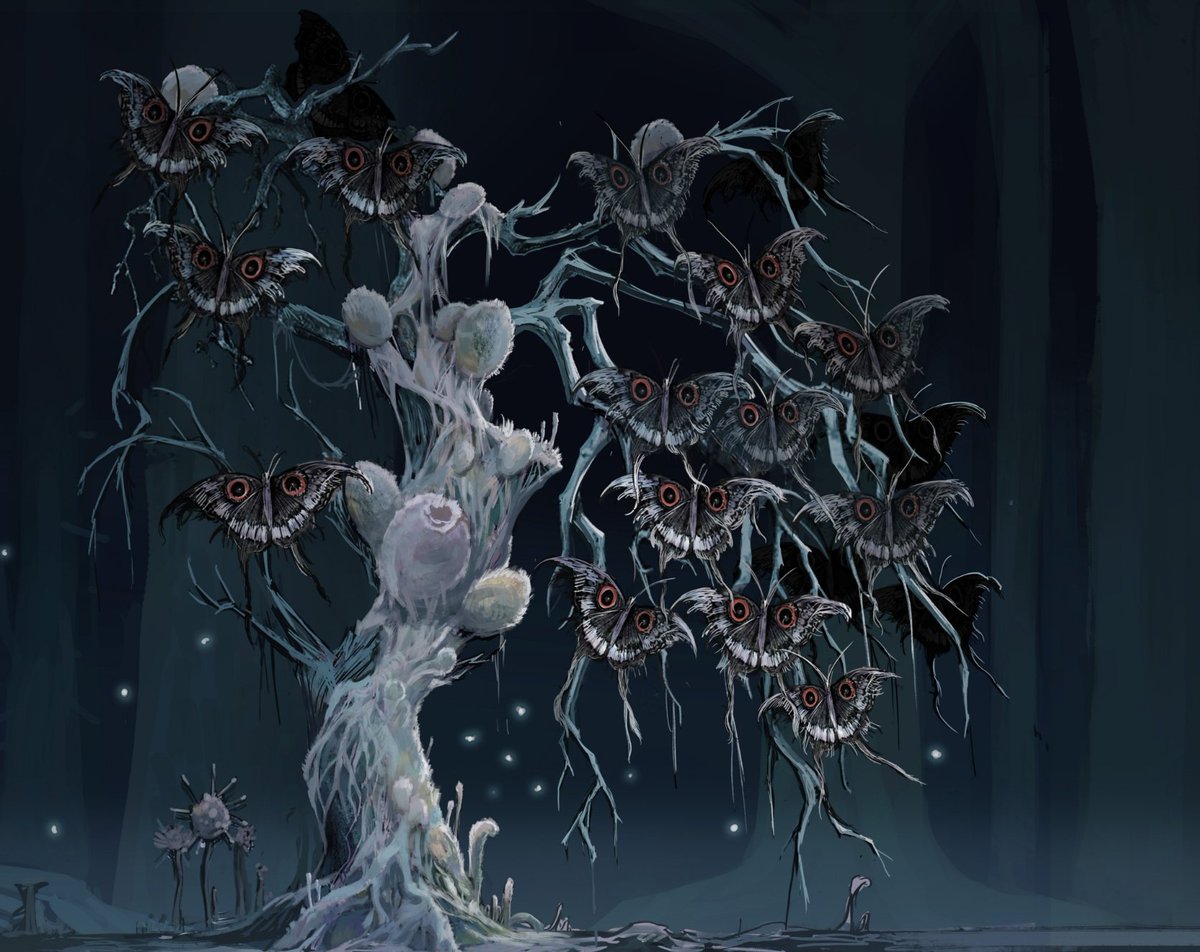 lingchang2000's tweet photo. Name: Human-faced Moth (Hostile)
Behavior: Plant destructive &amp; carnivorous, highly phototactic, terrifying presence.
Lore: A giant moth with eerie markings on its wings. Its larvae ravenously consume vegetation, and the moths will frantically swarm toward any light source. https://t.co/2fIIQ5A23J