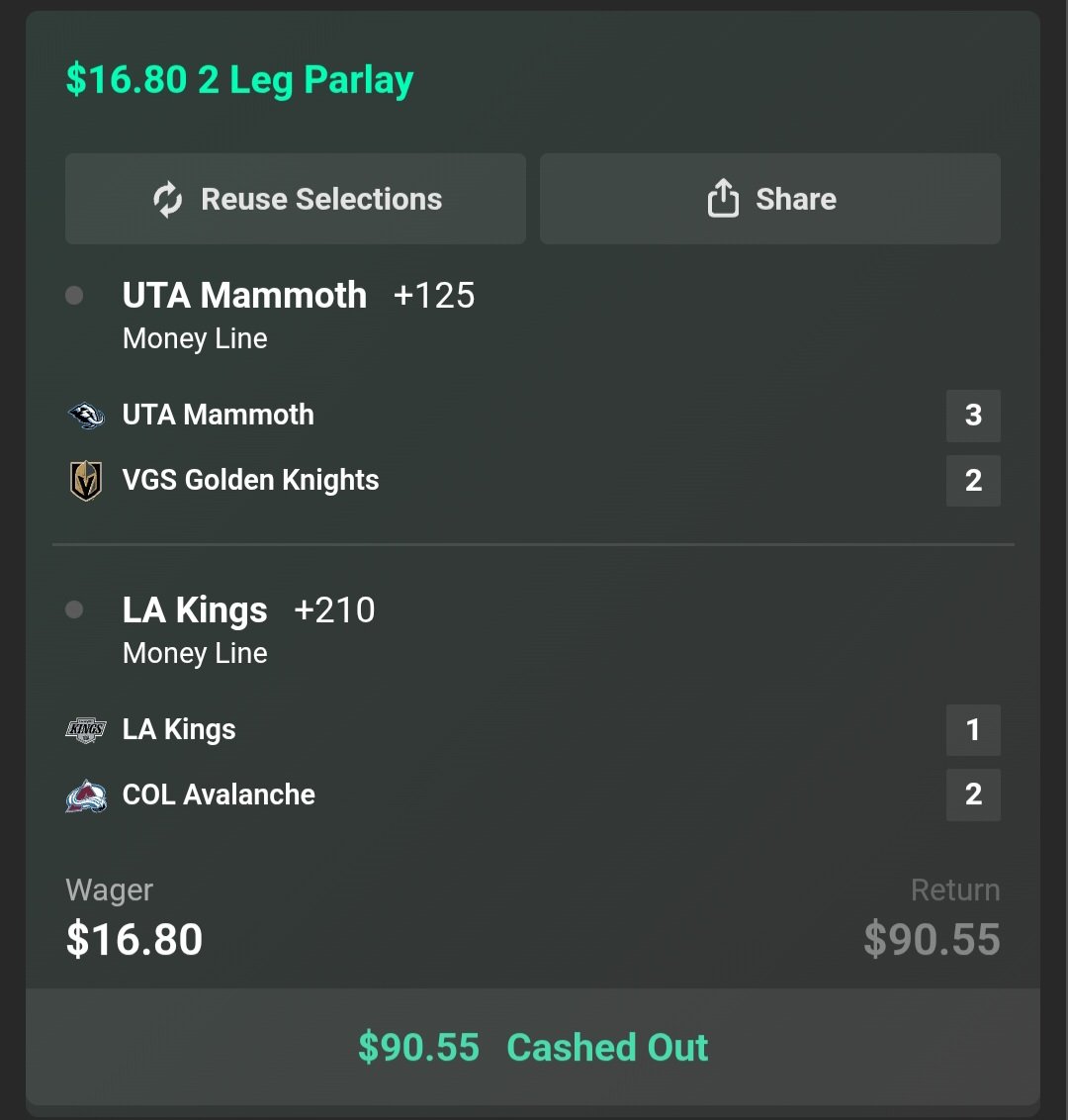RenzheVAL's tweet photo. Turned $3 into $120 :] cashed kings parlay after their first game and flipped it on the avs for ez profit 📈 https://t.co/T50eeW3vgA