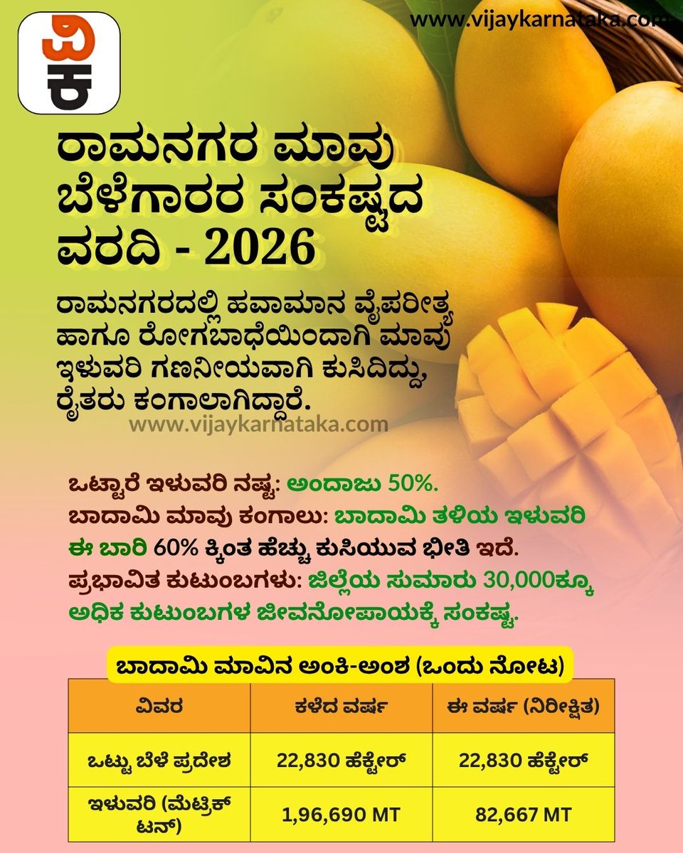 Vijaykarnataka's tweet image. ಹವಾಮಾನ ವೈಪರೀತ್ಯದ ಹೊಡೆತಕ್ಕೆ ಮಾವು ಬೆಳೆ ಸಂಕಷ್ಟ 
ಈ ಸೀಸನ್‌ನಲ್ಲಿ ಇಳುವರಿ ಅರ್ಧಕ್ಕಿಂತ ಕಡಿಮೆ, ಜಿಲ್ಲೆಯಲ್ಲಿ ಸುಮಾರು 50% ನಷ್ಟ ಅಂದಾಜು 

#Mango #FarmersCrisis #ClimateChange #AgriNews #CropLoss #KarnatakaNews