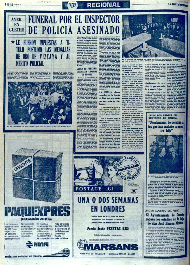 In Memoriam
Inspector Policía D. José Ramón Morán González,
Caído por Dios y por España,
¡¡Presente!!
D.E.P
La Muerte no es el Final
Siempre en Nuestra Memoria
¡¡Viva España!!
¡¡Arriba España!!

22/04/1975 ETA asesinaba con 2 tiros por la espalda en Guecho
rtve.es/memoriadevida/…