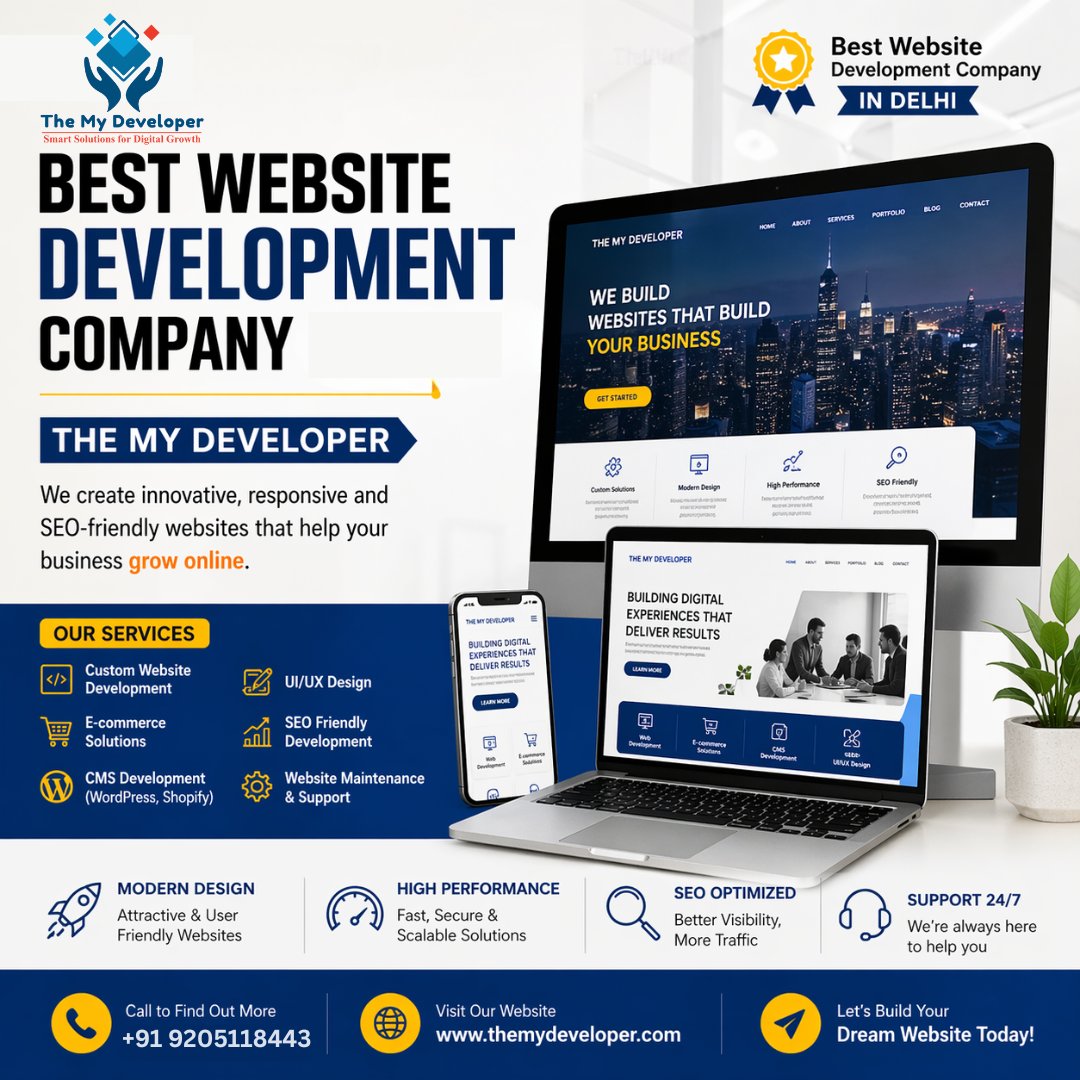 Themydevelper's tweet image. Best Website Development Company in Delhi – The My Developer 🚀
Get responsive, SEO-friendly &amp;amp; high-performance websites for your business.
Grow online with expert developers &amp;amp; creative design solutions.
#WebDevelopment #Delhi #DigitalMarketing #SEO