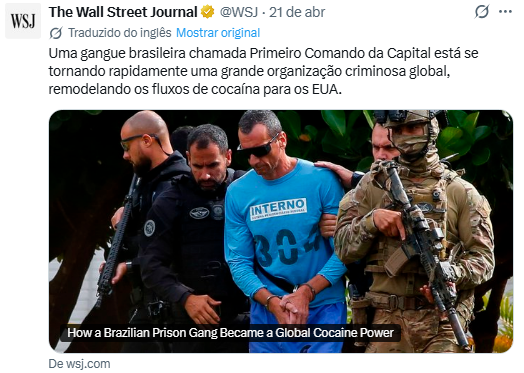 Gente, chegou ao ponto do <a href="/WSJ/">The Wall Street Journal</a> noticiar a abrangência global do PCC!
Isso é muito grave. Esse é um dos jornais mais influentes do mundo e pode definir políticas de estado americanas.
Essa vergonha devemos a VINTE ANOS DE LULA NO PODER!
Os americanos sabem disso.