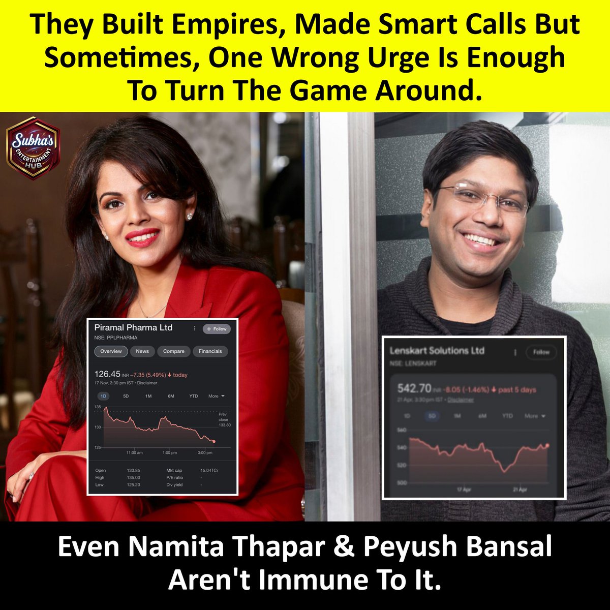 SubhaHub's tweet image. One Wrong Move Changes Everything ⚠️💼
Namita Thapar &amp;amp; Peyush Bansal Show Even The Best Aren’t Perfect.

#businessgrowth #lessons #reality