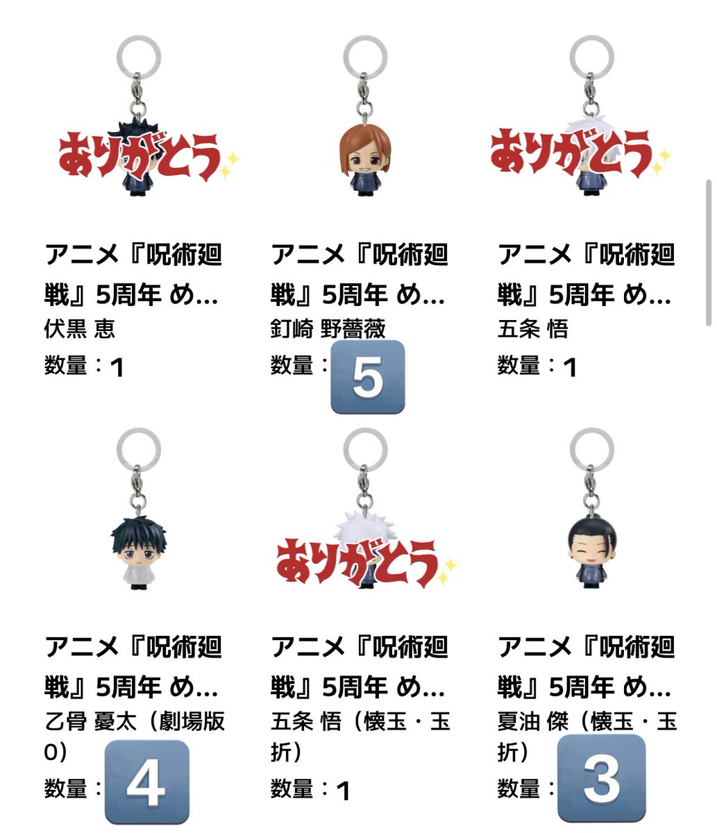 tg_____p's tweet photo. 【交換】呪術廻戦 めじるしアクセサリー ガシャポンオンライン  5周年 5th anniversary

【譲】釘崎野薔薇、乙骨憂太、夏油傑

【求】狗巻棘＞＞＞虎杖悠仁(釘崎含むのみ)

オンラインにて獲得済みです。残数画像ご確認ください。
郵送or都内埼玉手渡し https://t.co/akcVto4SvY