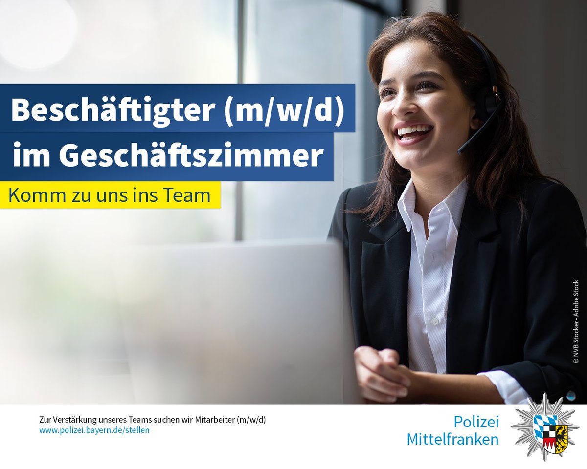 PolizeiMFR's tweet image. +++ #Stellenangebot +++

Beim Kriminalfachdezernat 4 Nürnberg suchen wir zum 01.06.2026 einen #Beschäftigten (m/w/d) im #Geschäftszimmer auf einer unbefristeten Teilzeitstelle mit 30 Wochenstunden.

Weitere Infos unter:
▶️ bevi.polizei.bayern.de/index.php?ac=j…