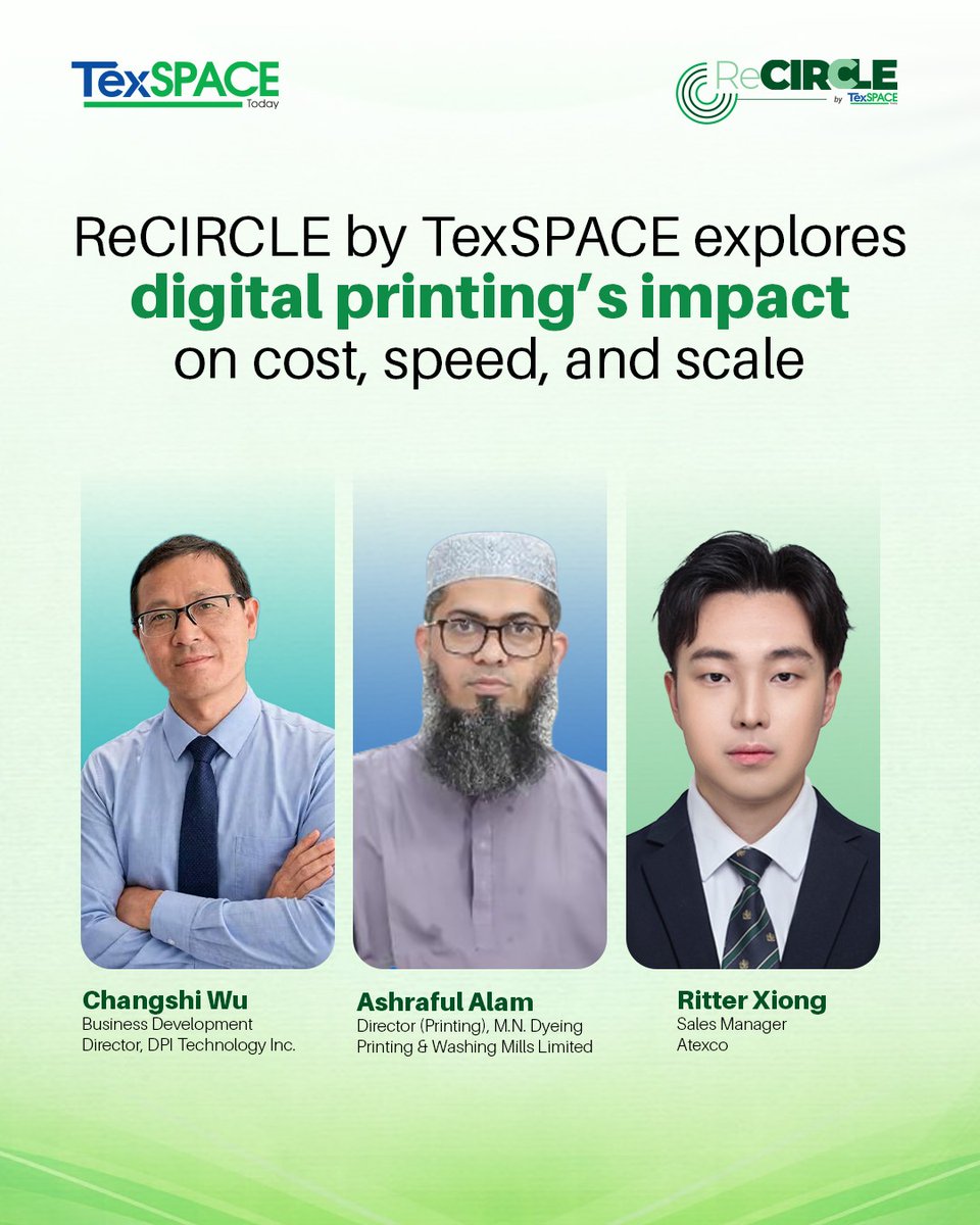 TexSPACEToday's tweet image. The latest episode of 𝗥𝗲𝗖𝗜𝗥𝗖𝗟𝗘 𝗯𝘆 𝗧𝗲𝘅𝗦𝗣𝗔𝗖𝗘 takes a closer look at one of the industry’s most pressing questions: can digital textile printing truly redefine cost, speed, and scalability?

#TexSPACE #ReCIRCLE #DigitalPrinting #TextileInnovation #Sustainability