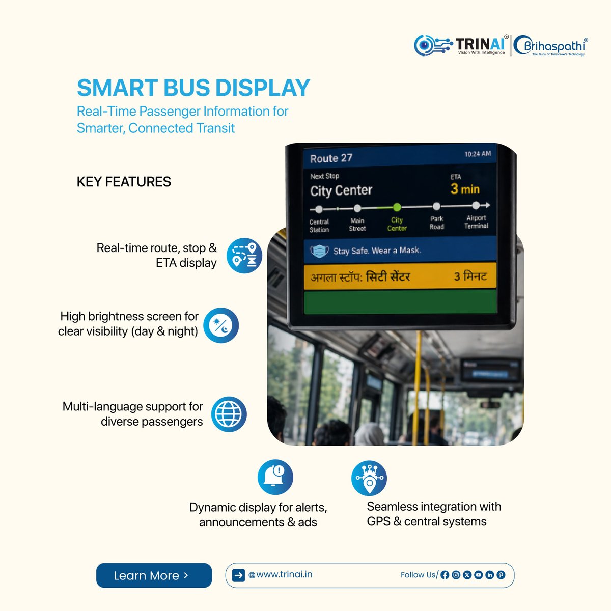 trinai_official's tweet image. Real-time information on every journey
Smart displays for safer and smarter travel
Visit: trinai.in
Call: +91 98858 88835
Mail: trinai@brihaspathi.com
#SmartBus #DigitalDisplay #PublicTransport #SmartMobility #TransitTech #SmartCity #Trinai