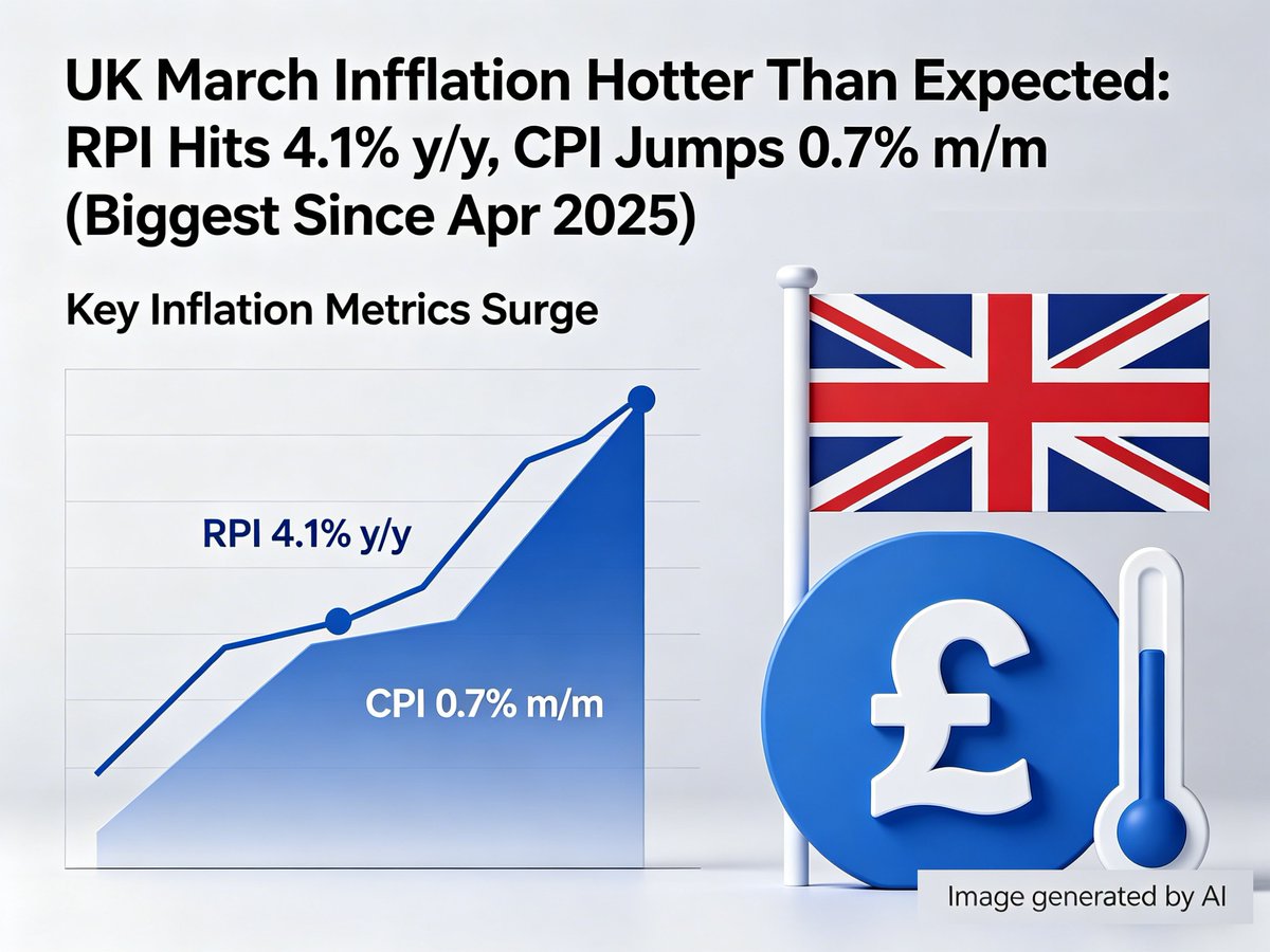 WindInfoUS's tweet image. UK Mar RPI +4.1% y/y (exp +4.0%, prev +3.6%) &amp;amp; +0.8% m/m (exp +0.7%); CPI +0.7% m/m (exp +0.6%) — biggest monthly rise since Apr 2025.
#inflation #UKNews