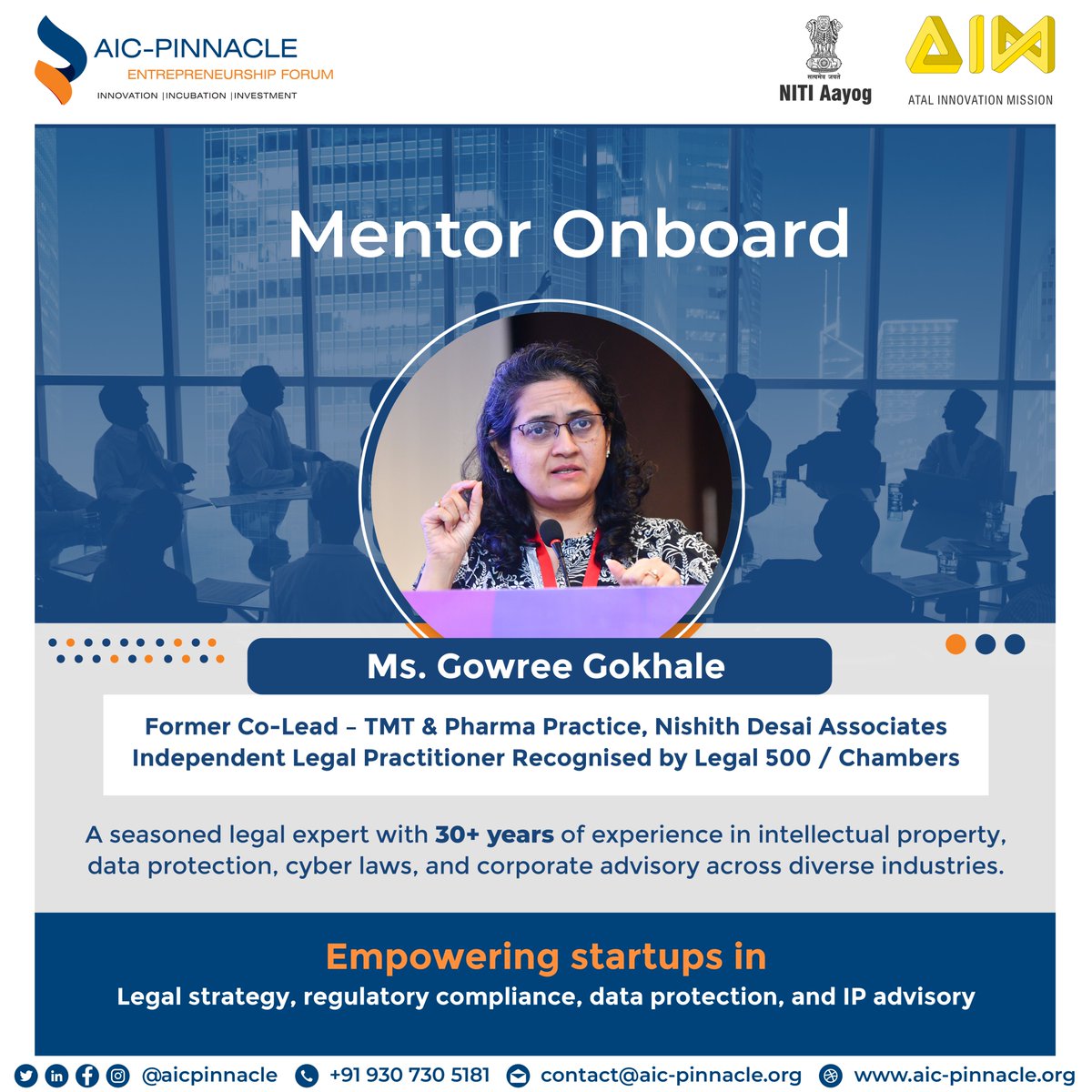 AicPinnacle's tweet image. Welcoming Ms.Gowree Gokhale as a Mentor.

A legal expert with 30+ years of experience across IP, data protection, cyber laws, and corporate advisory, she will support startups in navigating legal and regulatory landscapes.

#MentorOnboard #StartupEcosystem #AICPinnacle