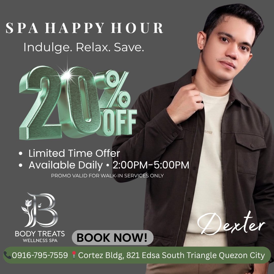 bodytreatsQC's tweet photo. Midweek treat? We got you 😏✨
Enjoy our Spa Happy Hour and relax for less this Wednesday!

💚 20% OFF on all services
🕑 2PM – 5PM only
💆‍♂️ Walk-in guests only

Don’t miss out—relax, indulge, and save today.

#HappyHourDeals #MidweekRelax #SpaPromo https://t.co/kCbE64goXM