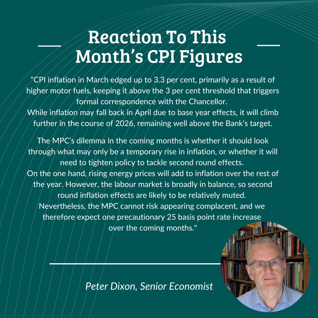 NIESRorg's tweet image. ⚡️Our reaction to the latest #inflation figures is out now⚡️

One Precautionary Bank Rate Rise Expected in the Next Coming Months 📈