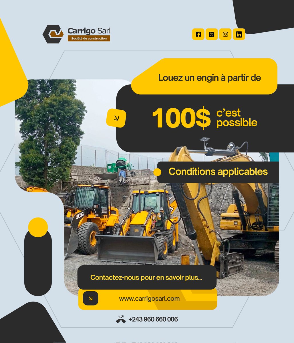 CarrigoLLC's tweet image. Et si louer un #engin était plus accessible que vous ne le pensez ? 🚜

Avec @CarrigoLLC, démarrez vos travaux dès 100$ et accélérez votre #chantier.

Parce que chaque #projet mérite les bons #moyens.

📞 +243 960 660 006

#Carrigo #Construction #BTP #LocationEngins