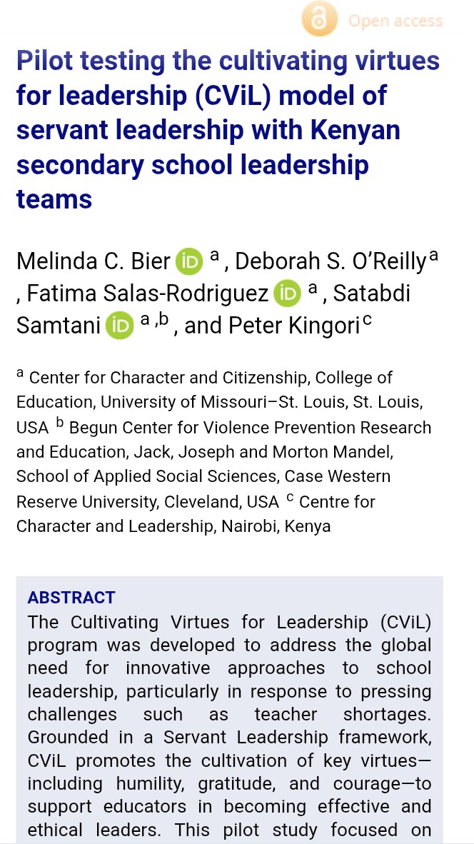 Cha_Leadership's tweet image. The Centre together with research scientists from @CCC_UMSL co-authored a research article titled “Pilot testing the cultivating virtues for leadership model of servant leadership with Kenyan secondary school leadership teams”#openaccess  tandfonline.com/doi/full/10.10…
@TempletonWorld