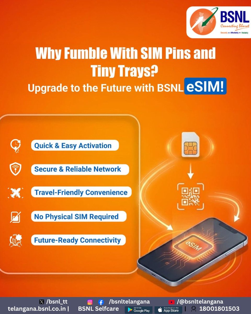 bsnl_tt's tweet image. Say Hello to instant connectivity ⚡

Whether you're getting a new number or switching your existing one, BSNL eSIM makes it seamless and hassle-free.

No physical SIM. No waiting. Just quick activation and smarter connectivity.

#BSNLeSIM #BSNLIndia #StayConnected #DigitalIndia