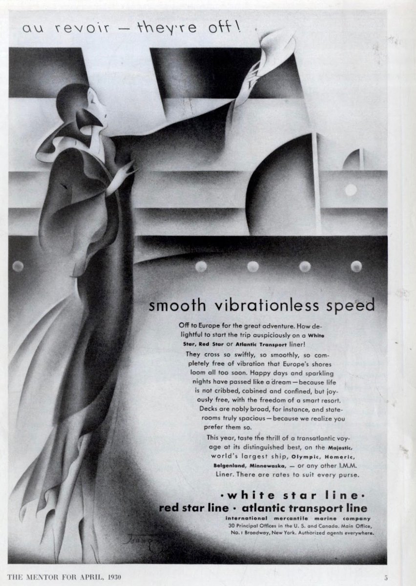 LRonLacy's tweet image. ‘smooth vibrationless speed’
‘Off to Europe for the great adventure. ...’
White Star Line. *The Mentor*, April 1930
#illustration #illustrationart #airbrush #oceanliners #WhiteStarLine