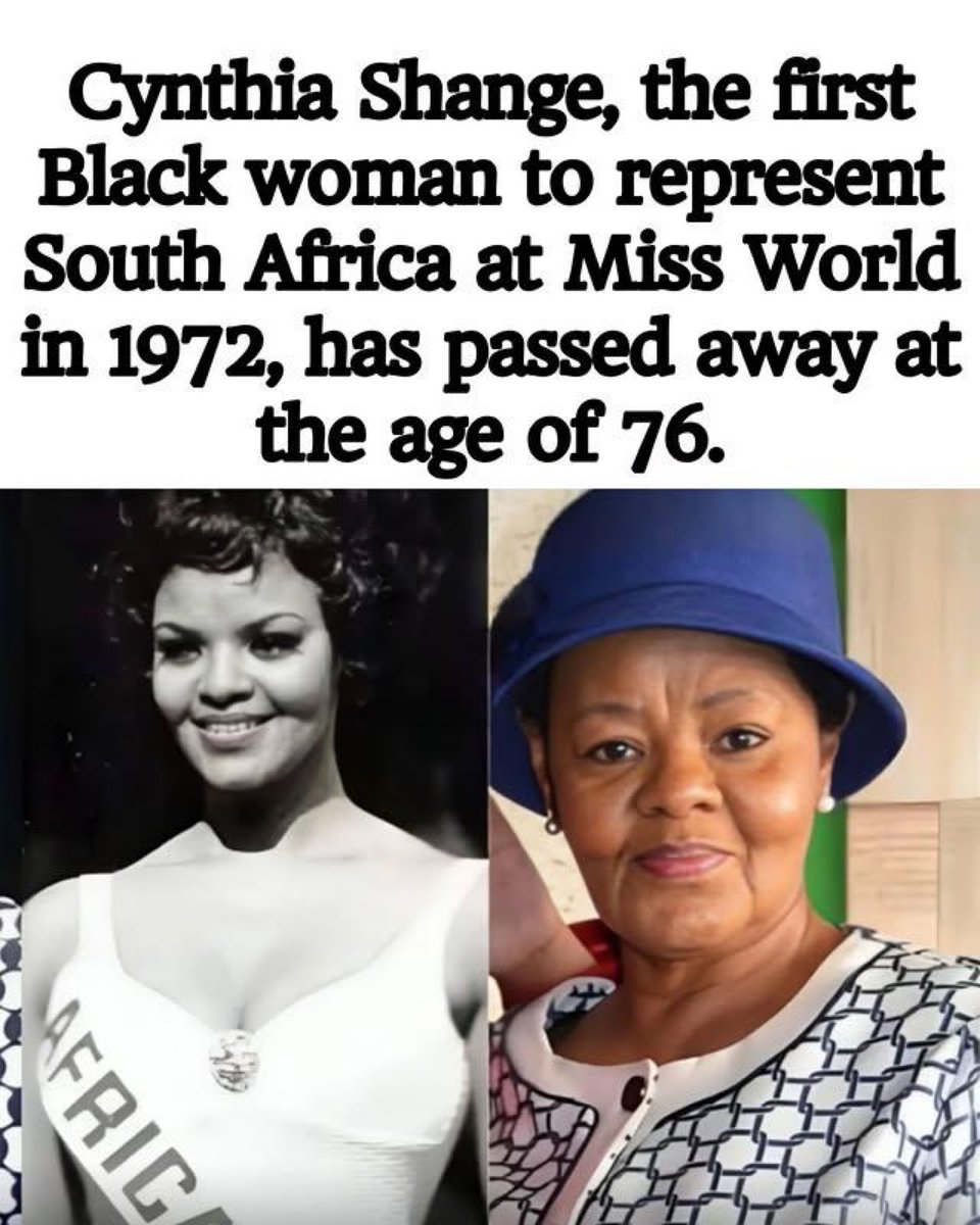 sciencegirl's tweet photo. Cynthia Shange, the first Black woman to represent South Africa at Miss World in 1972, has passed away at the age of 76 on 20 April 2026 following an illness. https://t.co/dbMdSfuPA7