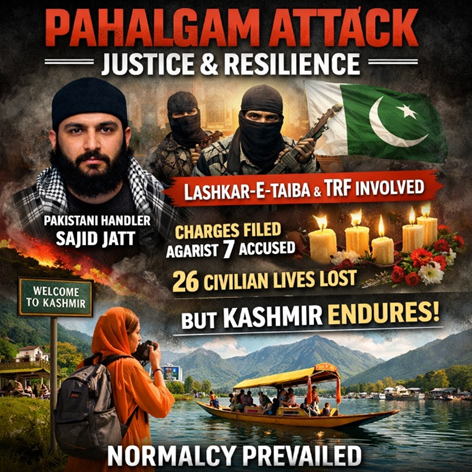 zahirak7's tweet image. NIA filed charges against seven accused including #Pakistani handler Sajid Jatt in the Pahalgam attack that claimed 26 civilian lives. Evidence clearly links LeT and TRF to the cross-border conspiracy. Yet the Valley welcomed 1.77 crore visitors in 2025 proving normalcy endured.