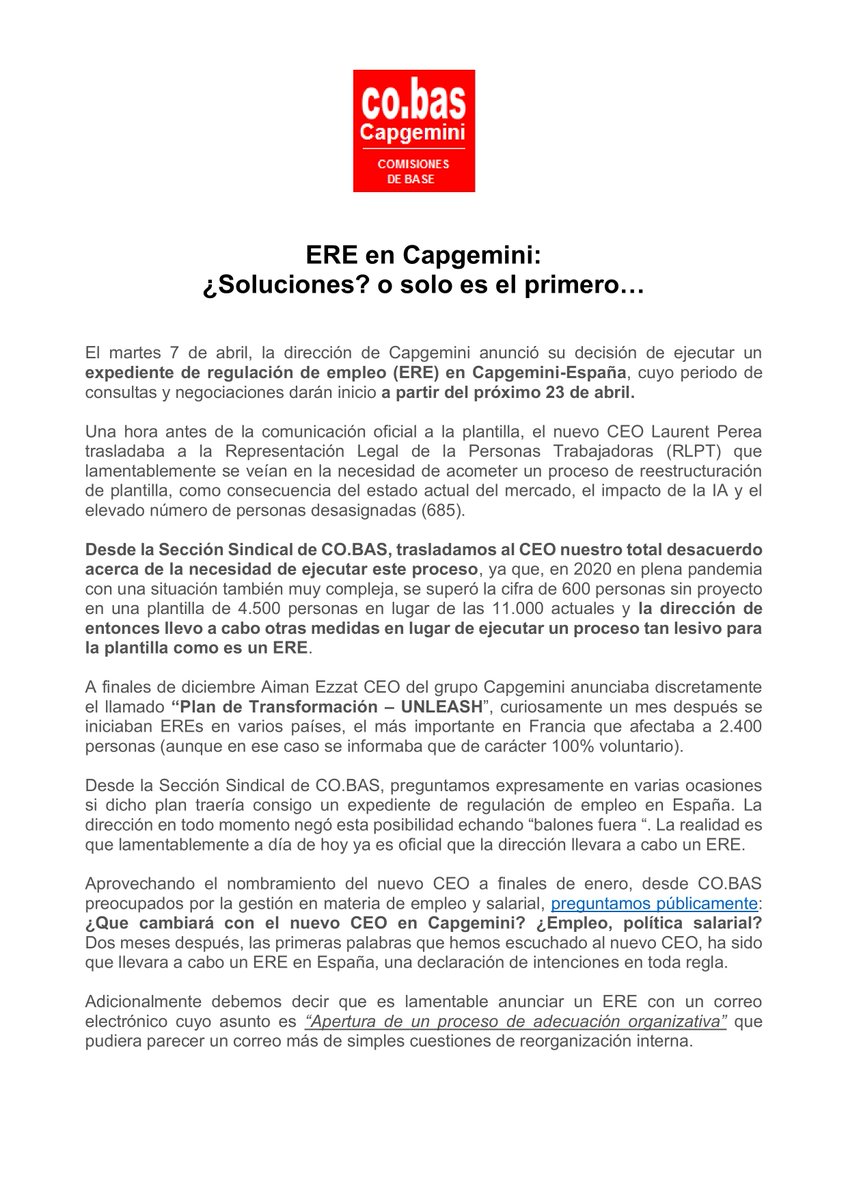 CobasCAP's tweet photo. Comunicado: ERE en Capgemini: ¿Soluciones? o solo es el primero… @CoBas_MADRID @cobas_ @cobasindraorg @CapgeminiEngES @RRHHDigital @blogosferarrhh @RRHHpress @ForoRRHH @RRHH_info @CanalRRHH @Capgemini_ES @Capgemini https://t.co/fppwMWK3eR