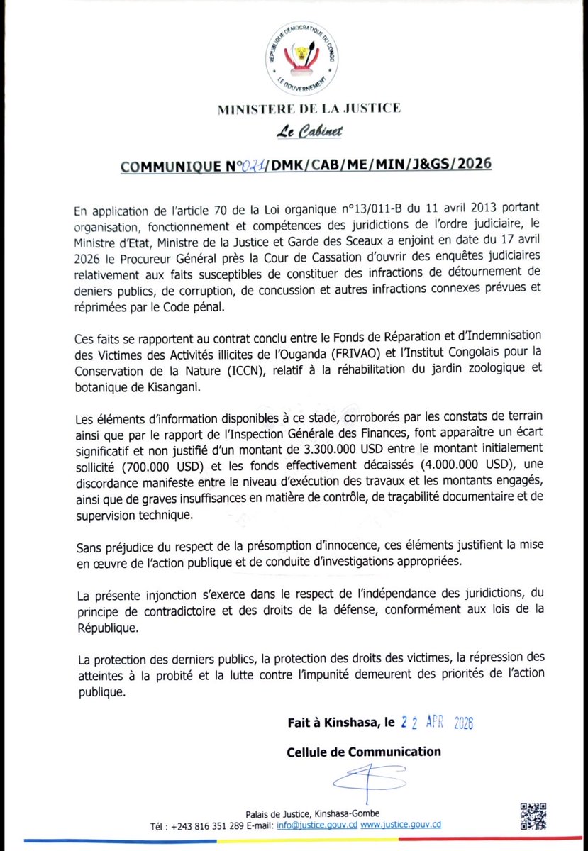 wembi_steve's tweet image. #RDC: 🛑🚨‼️Frappocratie à #Kisangani | !! la Justice enquête sur un présumé détournement de 3,3 millions USD dans un projet de réhabilitation du zoo de #Kisangani | Tshisekedi donne son Go à @NgefaGuillaume .

Le Ministre d'Etat, Ministre de la Justice et Garde des Sceaux a