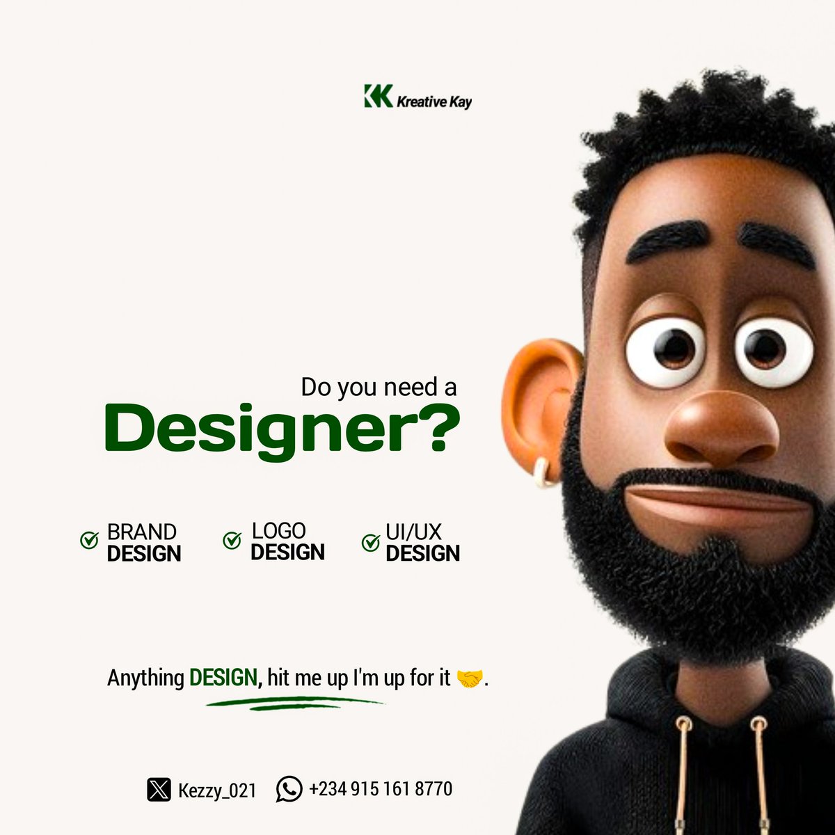 Kezzy_021's tweet image. Hello my people, it’s Wednesday 💚

At Kreative Kay, we keep it bold, clean, and intentional — helping your brand stand out effortlessly.

#KreativeKay #WednesdayVibes #Creative