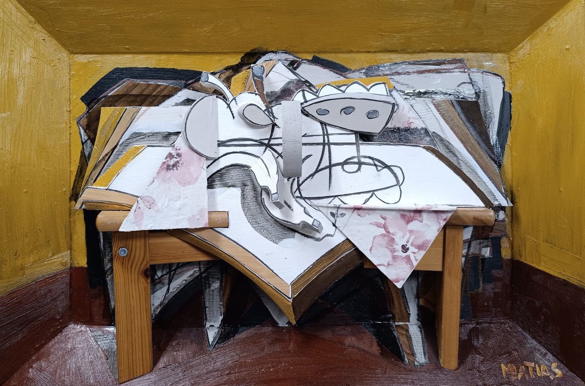 anssimatias's tweet photo. Bananas, apples and mariskool -bowl at the table II
Hypercubist study

Oil, collage and 3D-collage to board
67x95cm
2026

#anssimatias #hypercubism #hyperkubismi #polytopismi #polytopism https://t.co/GntGpJP2mW