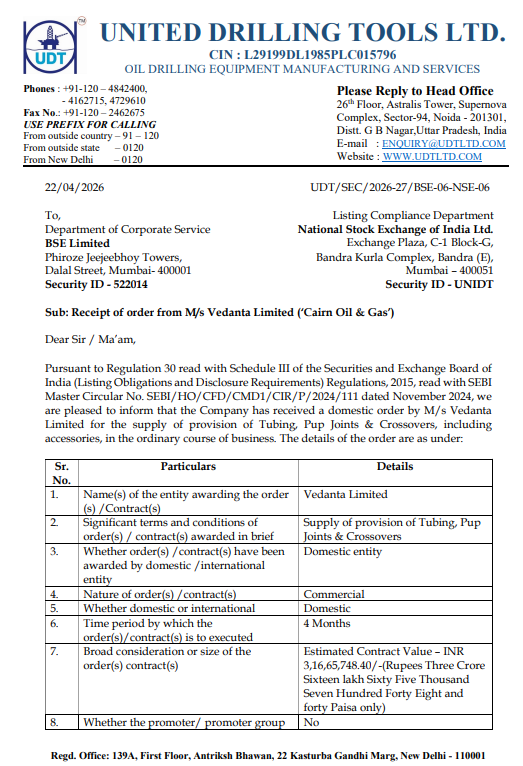IndianStockEco's tweet image. 🚨United Drilling Tools:
👉#UnitedDrilling Tools has received a domestic order worth Rs. 3,16,65,748.40/- from #Vedanta Limited
#neworder #nifty #stockstowatch #stocksInFocus #stockmarketnews #nifty50