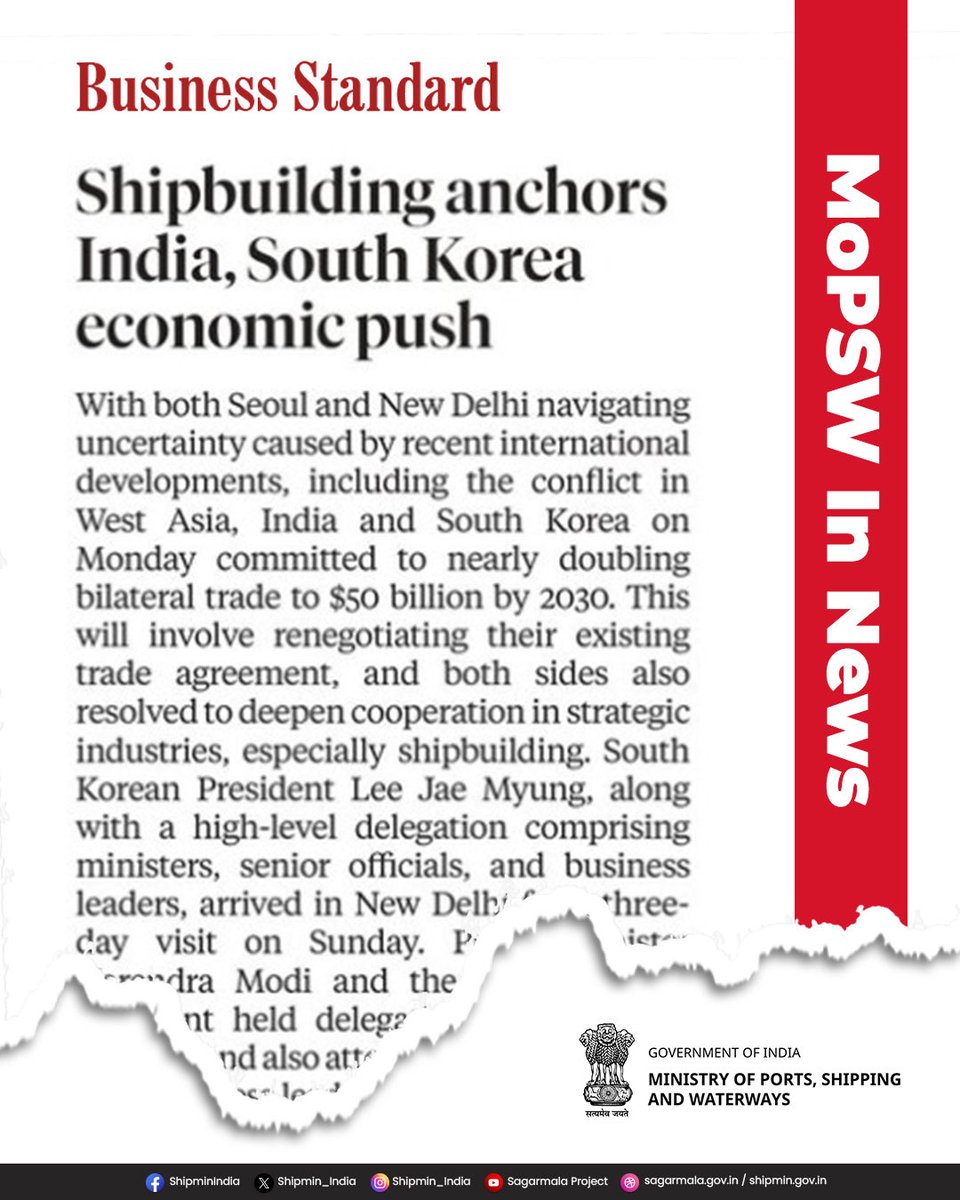shipmin_india's tweet image. India and South Korea set sail on a stronger economic course, anchoring growth through strategic shipbuilding collaboration. 

@bsindia 

#India #Korea #Shipbuilding #Partnership #News