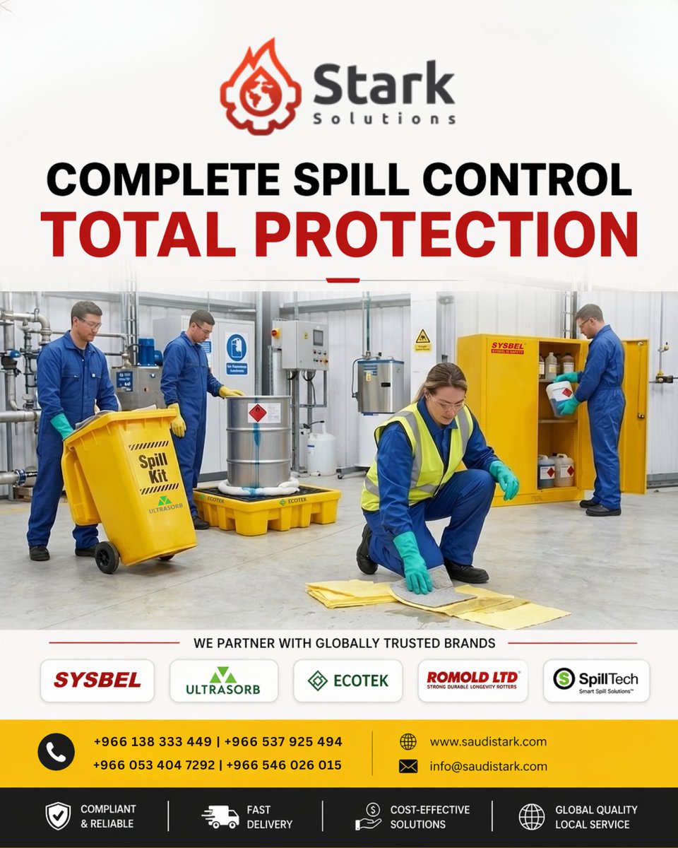 SAUDISTARK786's tweet photo. Complete Spill Control. Total Protection.

From spill kits to pallets &amp; safety cabinets — Stark Solutions EST helps you prevent, contain &amp; control hazardous spills across Saudi Arabia.

📞 +966 138 333 449
🌐 https://t.co/fJFVI1WzOw

#SpillControl #IndustrialSafety #SafetyFirst https://t.co/aLHjPilg61