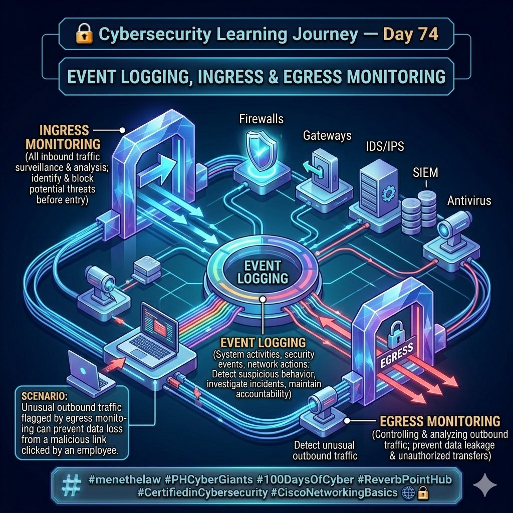 GodknowsMene's tweet photo. DAY 74/100 with @phcybergiants 

EVENT LOGGING, INGRESS &amp; EGRESS MONITORING

#menethelaw
#PHCyberGiants
#100DaysOfCyber
#ReverbPointHub
#CertifiedInCybersecurity
#CiscoNetworkingBasics https://t.co/YbPkenKa4D