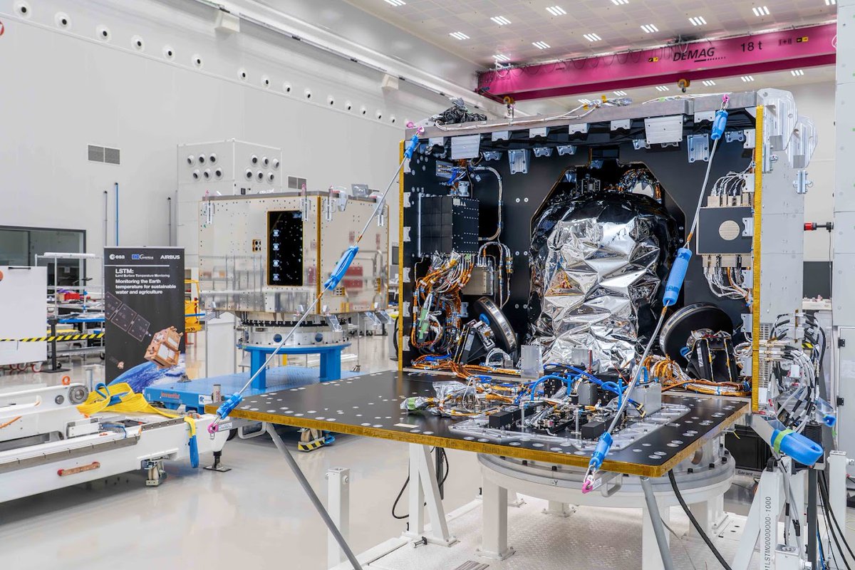 AirbusSpace's tweet photo. Seeing double!

There are now two Land Surface Temperature Monitoring (LSTM) satellites in our cleanroom in Getafe 🇪🇸! While the first satellite’s platform is nearly complete and undergoing tests, our teams are starting to work on its twin.

The satellites’ mission is to monitor the Earth's surface temperature by providing both high-resolution thermal infrared images and field temperature data at a 50-metre scale.

LSTM is part of the Copernicus Expansion missions developed by the European Space Agency @esa on behalf of the European Commission @EU_Commission. 
Airbus is leading a consortium of 81 companies from 21 countries to deliver these climate monitoring satellites.

Launch is planned at the end of this decade.