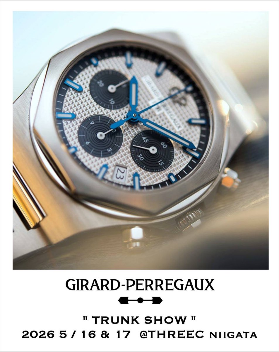 threec_kitahara's tweet photo. 【イベント案内】
GIRARD-PERREGAUX 　”TRUNK SHOW”　開催のご案内
 
日程：5月 16日(土) 17日(日)
会場：THREEC新潟
時間：ご予約制となっております。
 
ジラール・ペルゴのセールスマネージャーである正村氏をお呼びし、ブランドの深い知識と魅力を伝えるスペシャルな2DAYS。
2年ぶりにスリーク新潟に来訪いただき、特別なお話、ご案内をさせていただきます。
様々なブランドで活躍され、知見の広い正村氏だからこそできる「ここだけ」でしかお話できないことも・・・・
当日はTRUNK SHOWならではの充実したラインナップをご用意。
 
改め��知ってほしいジラール・ペルゴのこれまで、そしてこれからをご参加いただいた方へお届けいたします。
また当日ジラール・ペルゴをご成約の方へ素敵なギフトもご用意いたしております。
下記応募フォームより、ご来店予約をお待ちしております。

https://t.co/tOs9e7Knig
