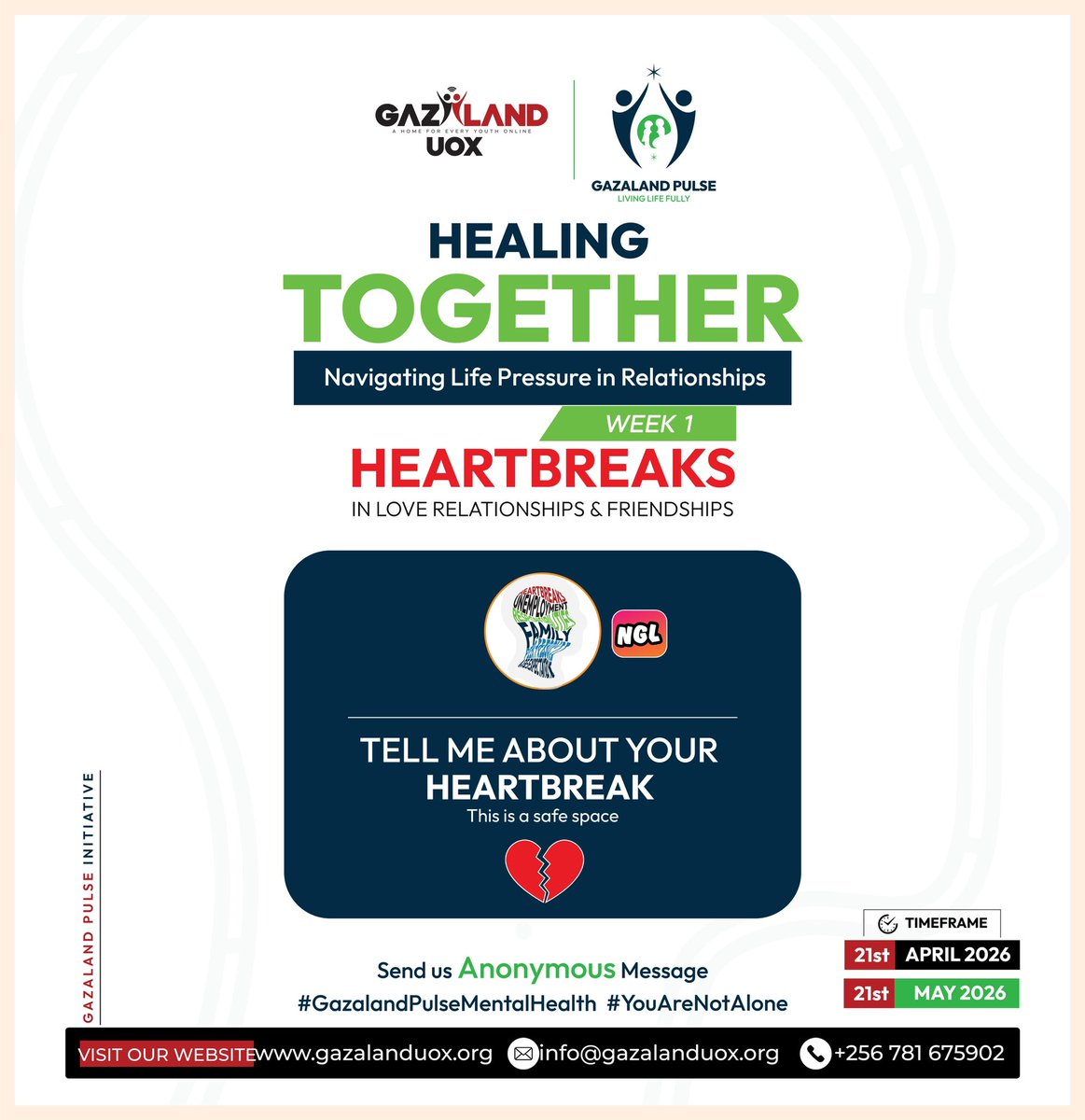 EsaMal25's tweet image. As a participant, send us an anonymous message on 
👇👇👇💔💔
ngl.link/ulse_healing_t…

Share your heartbreak story
This is a safe space 😊🥰

#YouAreNotAlone
#GazalandPulseMentalHealth