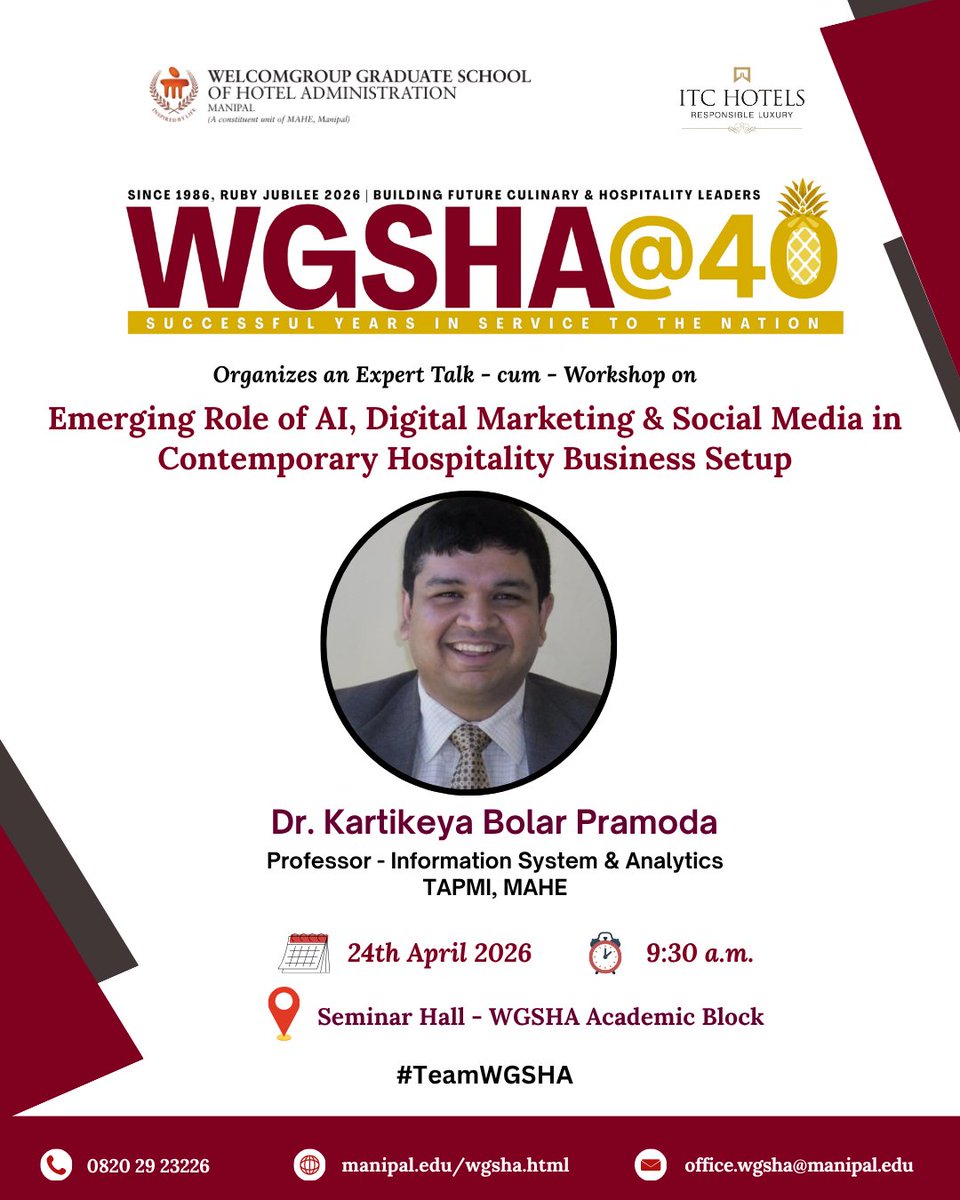 WManipal's tweet photo. @wmanipal invites you to an engaging session on “Emerging Role of AI, Digital Marketing &amp; Social Media in Contemporary Hospitality Business Setup” by Speaker: Dr. Kartikeya Bolar (Professor – Information Systems &amp; Analytics, TAPMI, MAHE) https://t.co/oG8JVqPpdN