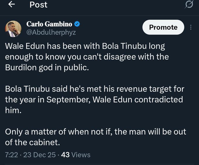 sircundo's tweet photo. @Jack_ng01 See the reason here. The man forgot that as an APC, you don't need your brain to work. Tinubu only wants asslickers and not someone that will publicly contradict his statement (lies) about the economy. https://t.co/f04NgFi0GW