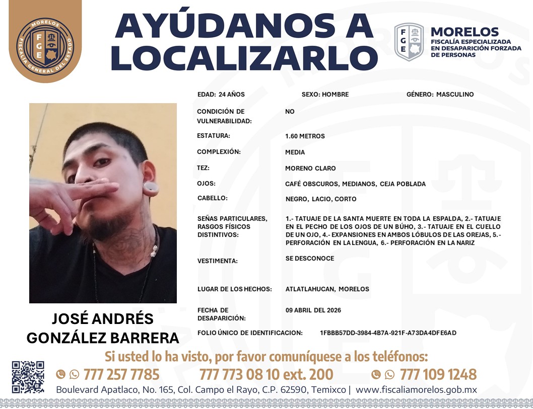 7dtv's tweet image. @Fiscalia_Mor solicita su colaboración para localizar a #José #Andrés González Barrera, de 24 años de edad.

• Desapareció en #Atlatlahucan, #Morelos