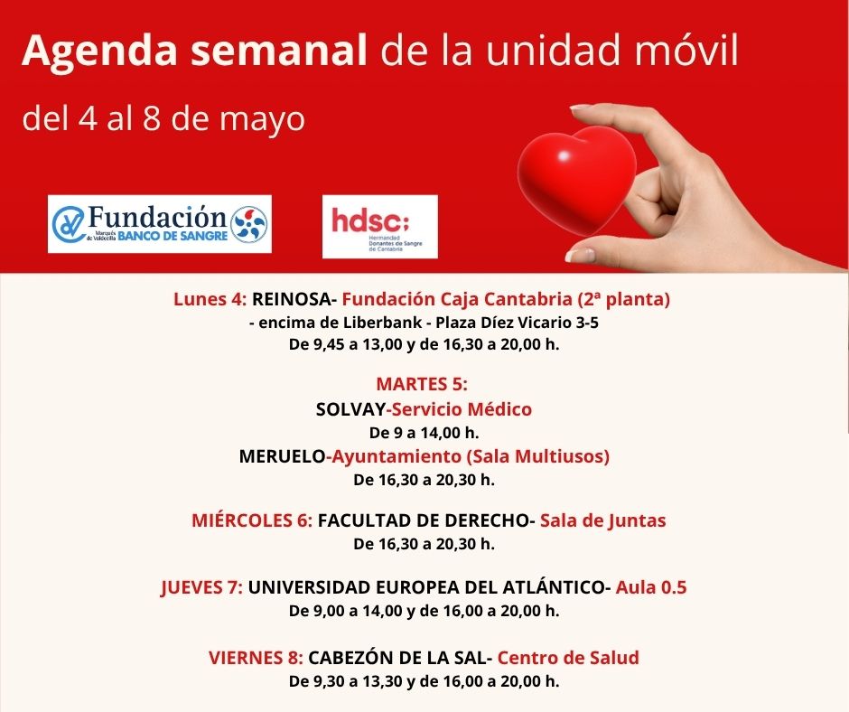 BSCANTABRIA's tweet image. 📆📌¡Ya tienes disponible la #agenda semanal de la unidad móvil!

#donasangre #donaplasma #donavida