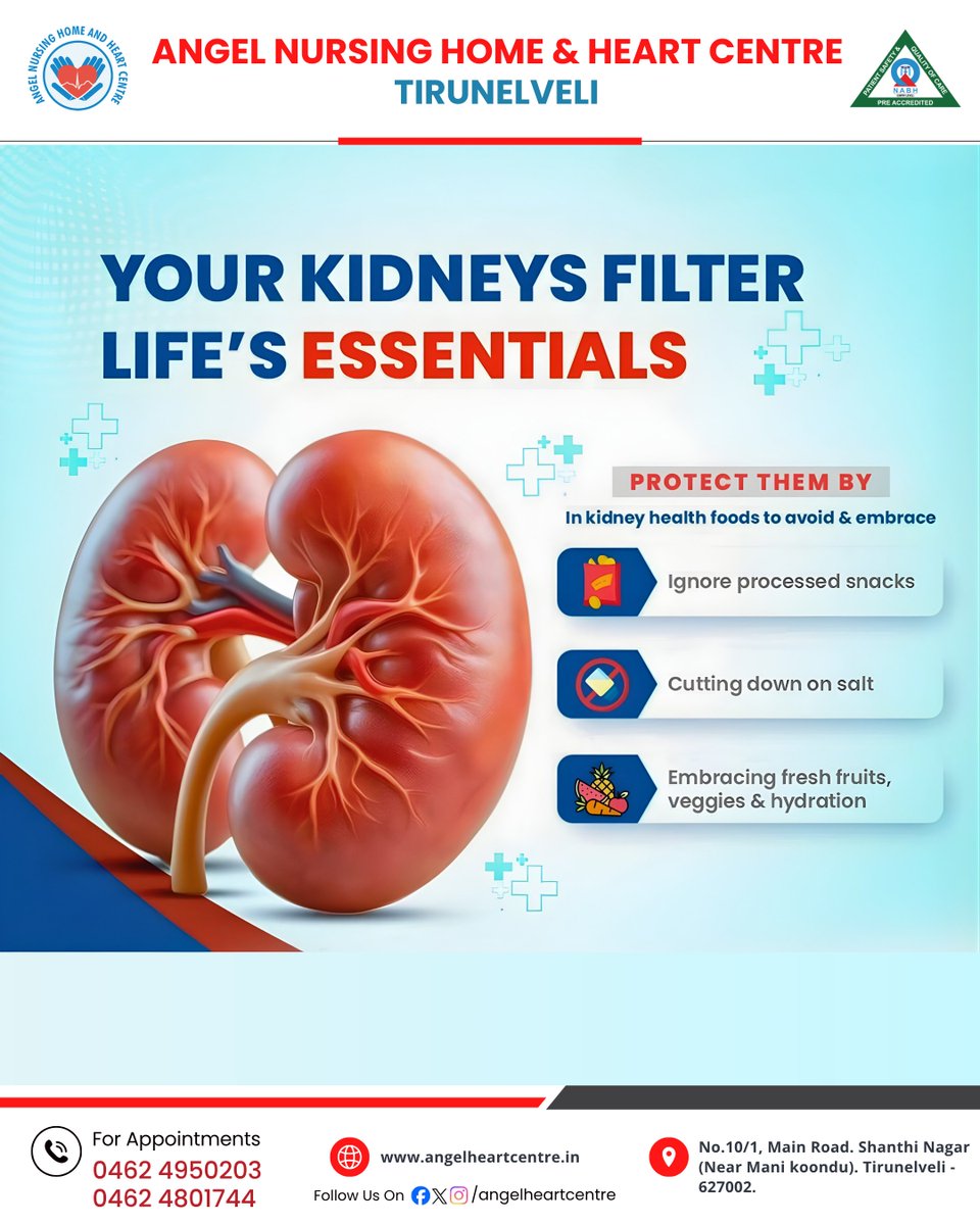 anhhc_tvl's tweet image. Your kidneys work silently—protect them daily 💙

Avoid processed foods, cut salt &amp;amp; stay hydrated.
Small changes = better kidney health.

#KidneyHealth #HealthyLiving #StayHealthy #AngelHeartCentre #Tirunelveli